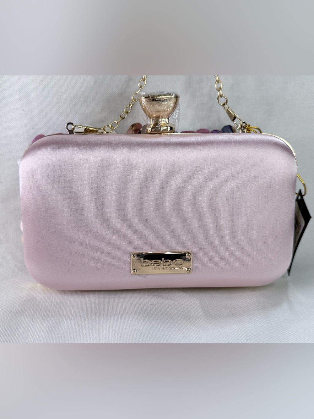 bebe Pink Floral Appliqué Evening Clutch with Gold Chain - Picture 4 of 8
